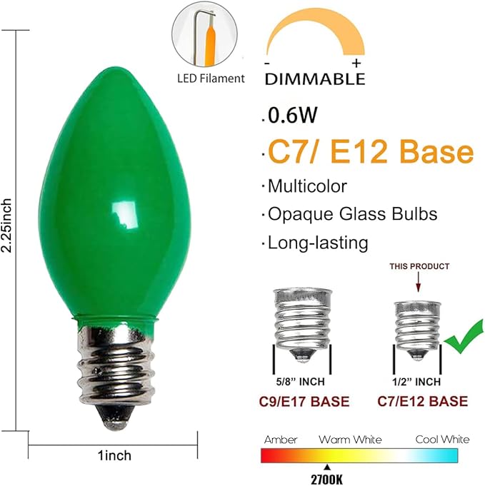 25 Pack C7 LED Multicolor Christmas Replacement Light Bulbs, C7 Vintage Multicolor Ceramic LED Bulbs for Christmas Outdoor Indoor String Lights, E12 Candelabra Base, 0.6 Watt, Saving Enengy LED Bulbs