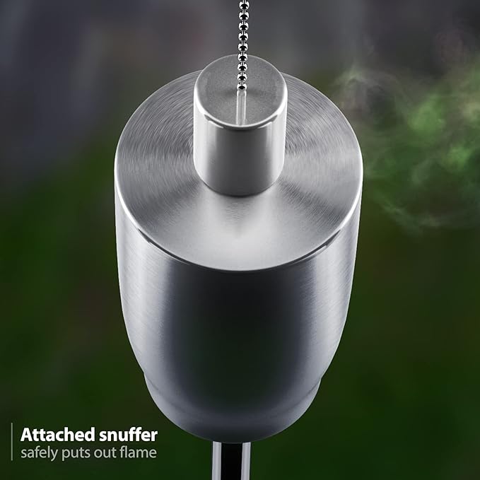 Matney Stainless Steel Outdoor Torches - Decorative Garden & Yard Lights - 5 ft Oil Lamp for Citronella - Fiberglass Wick & Snuffer Cap - Set of 4 (Cylinder)
