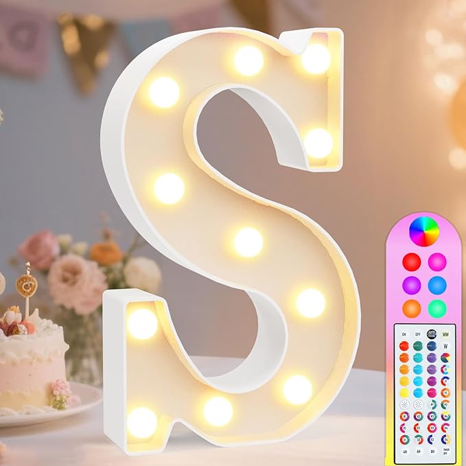 Pooqla Colorful Light Up Letters with Remote, Upgraded 35 Colors LED Marquee Letters, RGB Lighted Letter for Girls Teenager Gift, Birthday, Party, Wedding, Night Light, Room, Bedroom Decor, Letter S