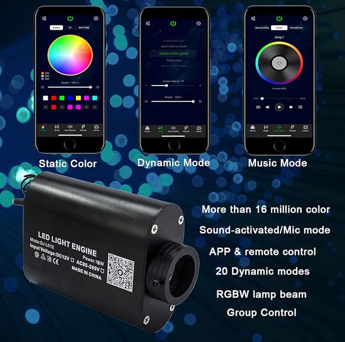 AZIMOM 16W Car Use Sound Activated Fiber Optic Light Box Engine Music Sensor Mode RGBW APP/Remote Control Starlight Engine Driver for Car Indoor Star Lighting Decoration