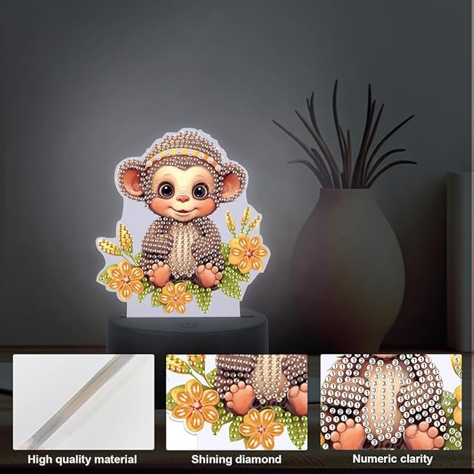Monkey Diamond Art Painting Night Light,Diamond Art Painting Kits Desktop Touch Lamp Ornaments for Tabletop Decor Diamond Art Accessories for Adult Beginner Bedrooms Living Room
