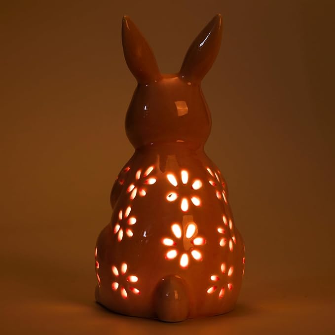 WDS WONDROUS Easter Decorations Light Up Bunny Figurines - 2PCS LED Ceramic Rabbit Statues Decor with Floral Cut-Outs, Glowing Easter Spring Home Decor for Farmhouse Tabletop Shelf Sculpture