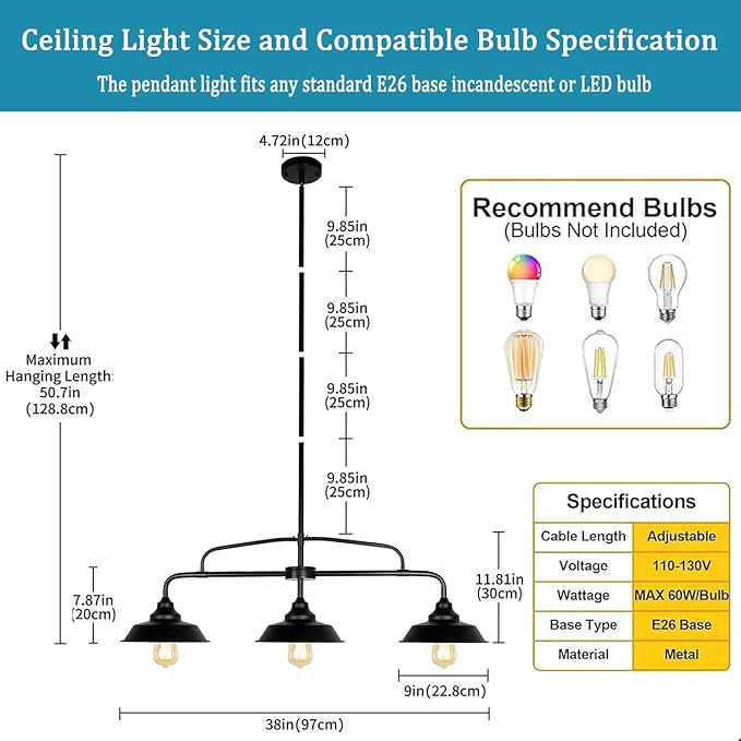 Modern Farmhouse Black Pendant Lighting Fixture, 3-Lights Industrial Linear Chandelier Metal Hanging Lamp for Kitchen Island Dining Room Living Room Hallway Pool Table