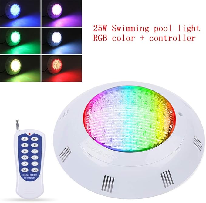 25W 12V LED Pool Light 2000LM RGB Color-Changing Waterproof IP68 Underwater LED Lights 120° Swimming Pool Fountain Pond Colorful Lamp with Remote Controller
