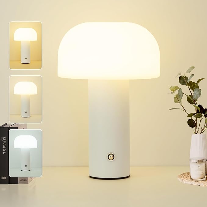 Cordless Mushroom Table Lamp Rechargeable,4000mAH Portable Battery Operated Lamp,3 Color Stepless Dimming Modern Lamps for Bedside Lamps,Touch Dimming Night Light for Home/Restaurant White