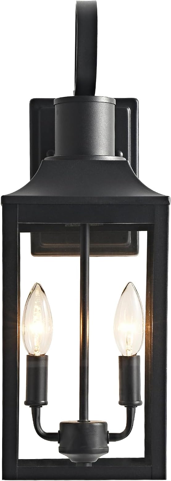 18.9" Black Outdoor Wall Sconce, 2-Light Industrial Porch Light with Clear Glass, Weather-Resistant Farmhouse Lighting Fixture for Porch, Patio,Garage Modern Wall Mount Exterior Lamp (1 Pack)