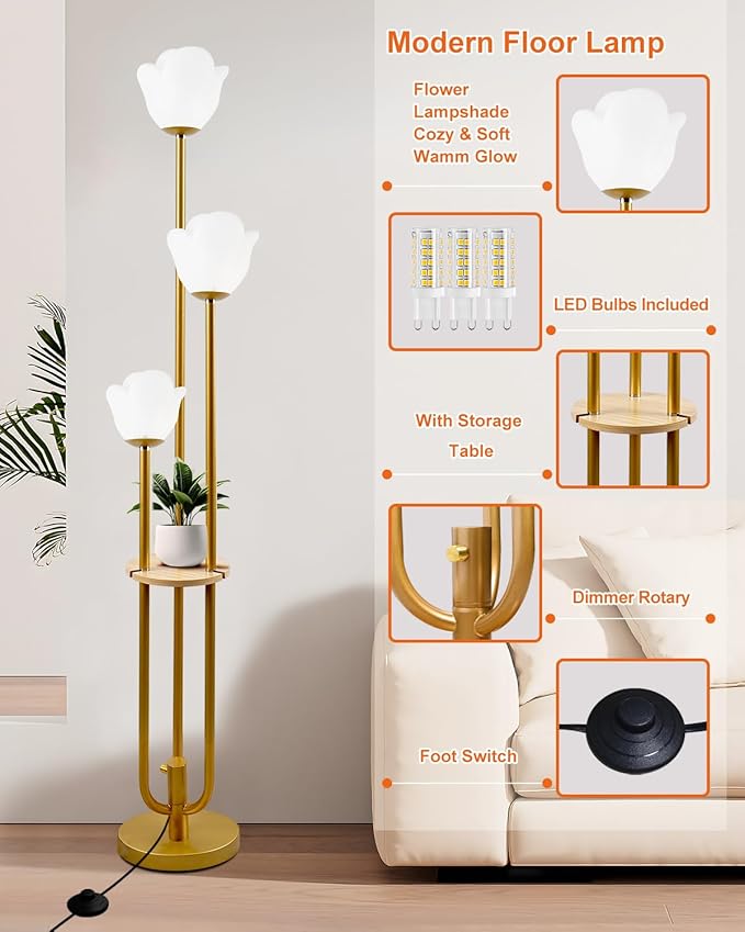 63IN Floral Floor Lamp with Table, 3-Lights Dimmable Flower Floor Lamps for Wedding Party, 3000K Warm White Modern Tall Standing Lamp for Living Room/Bedroom