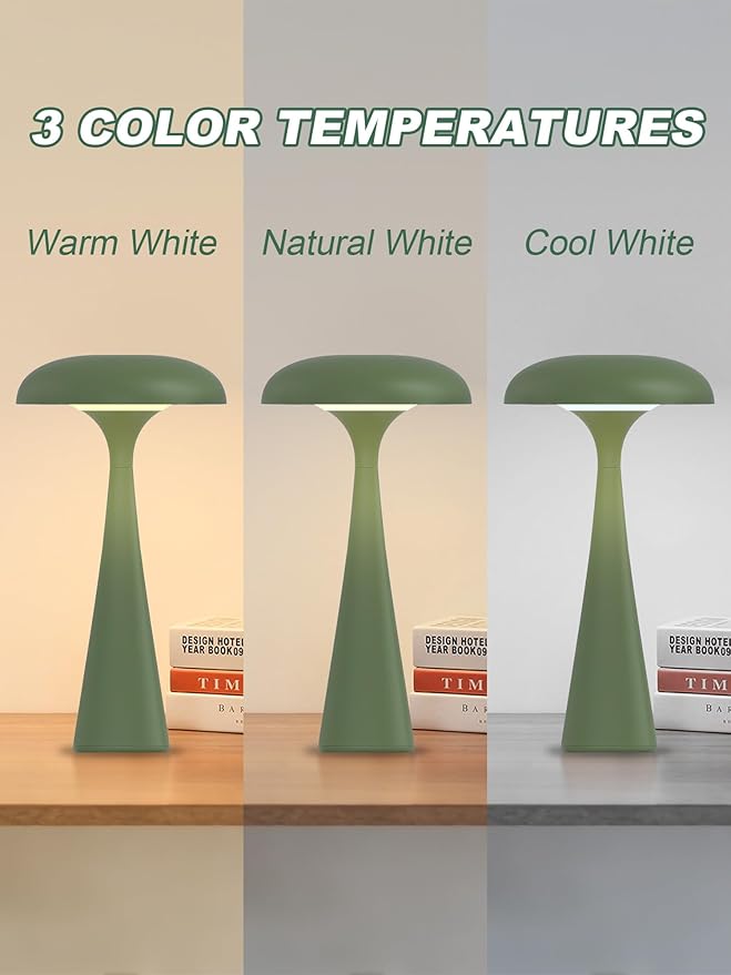 Cordless Table Lamp,Rechargeable Desk Lamp,LED Reading Light with 3 Colors,Mushroom Lamp with Touch & Dimmable,Bedside Lamps for Bedroom Living Room Dorm Decor(Green)