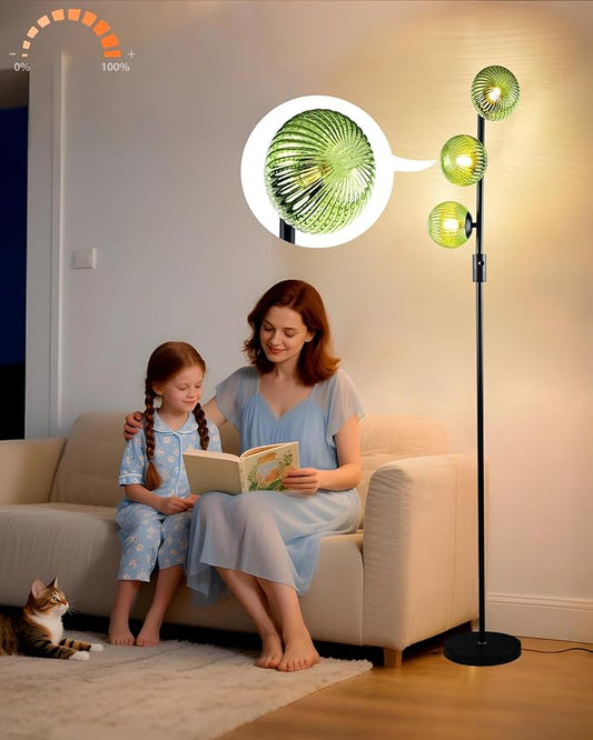 Lightdot Dimmable Floor Lamp for Living Room with 3 Green Glass Globe Shade, Black Pole Standing Lamps with Bulbs Included, Mid Century Modern Floor Lamp for Living Room/Sofa Beside/Corner Decor