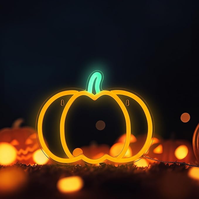 Halloween Decorations Pumpkin Neon Sign, 7.3*9in Dimmable Neon Sign Hanging for Wall, Indoor Cute Vintage Fall Thanksgiving Decor for Table Home Kitchen Bedroom Living Room Bar Pub Club Party, Indoor Battery Operated or USB