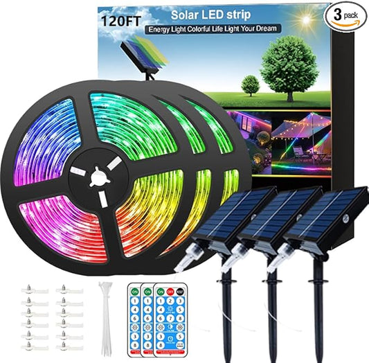 120ft Total (3x40ft) - 3 Pack Solar Led Strip Lights Outdoor (Four-Color Mixed), 8 Mode with Remote Timer and Auto On/Off, Self-Adhesive Waterproof, Great for Yard, Garden, Stair Decor