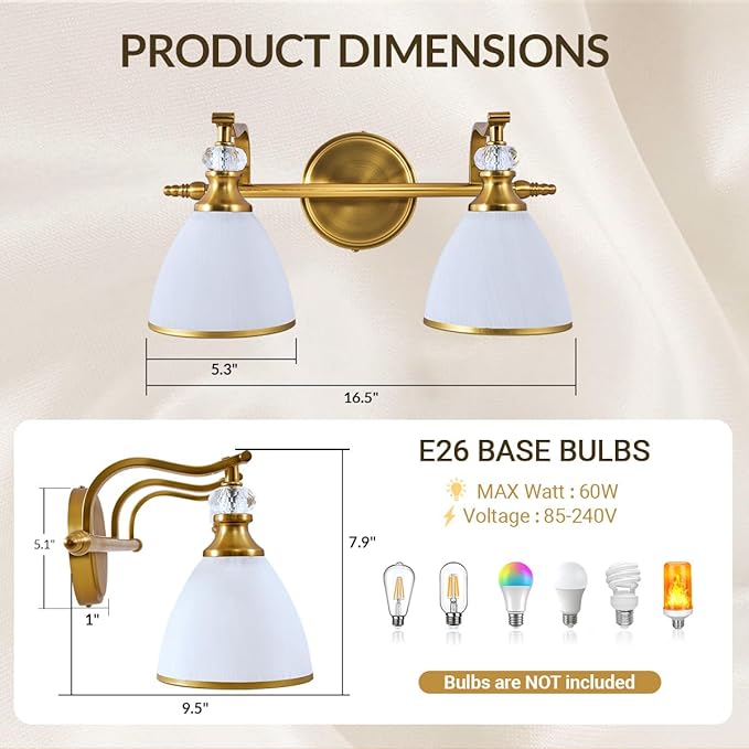 ANDY STAR Gold Vanity Light, 2-Light Brushed Gold Bathroom Light Fixtures, Vintage Bathroom Light with Milky White Bell Glass Shades, Eye-Friendly Wall Sconce for Mirror, Kitchen, Bedroom, Hallway