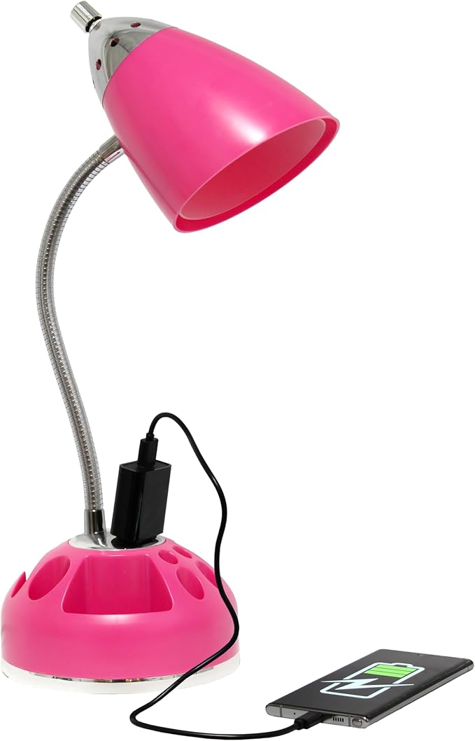 Simple Designs LD1015-PNK-LB 19.5" Flossy Organizer Desk Lamp with Charging Outlet Lazy Susan Base and LED Bulb, Pink