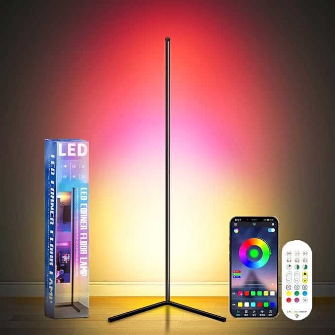YHW RGB Corner Floor Lamp, Smart App and Remote Control Color Changing Ambience Light Music Sync, LED Lamp with 16 Million Colors for Bedroom, Living Room Gaming Room.