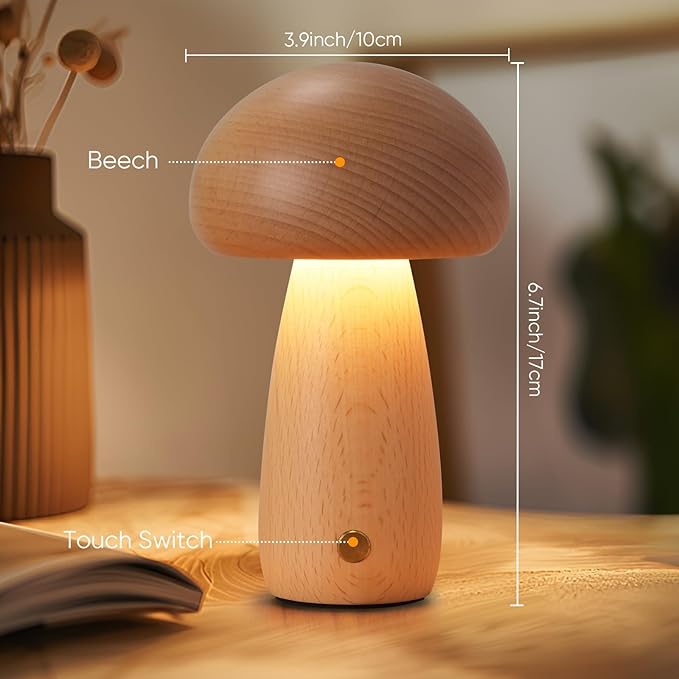 Wooden Mushroom Lamp for Bedroom, Portable Cordless Small Rechargeable Battery Operated Lamp,Stepless Dimming, Night Light for Birthday Gifts