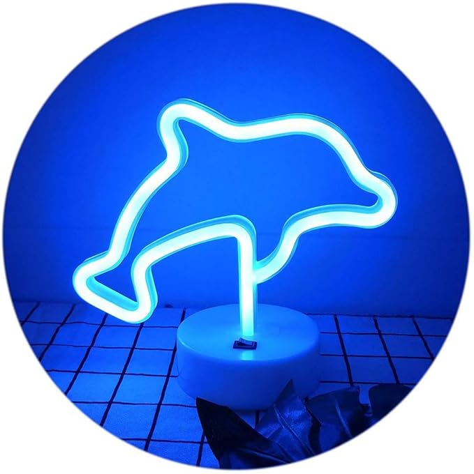 Blue Dolphins Shaped LED Neon Night Signs USB & Battery Powered Neon Light with Base LED Light Signs Light up Birthday Party Kids Room Christmas