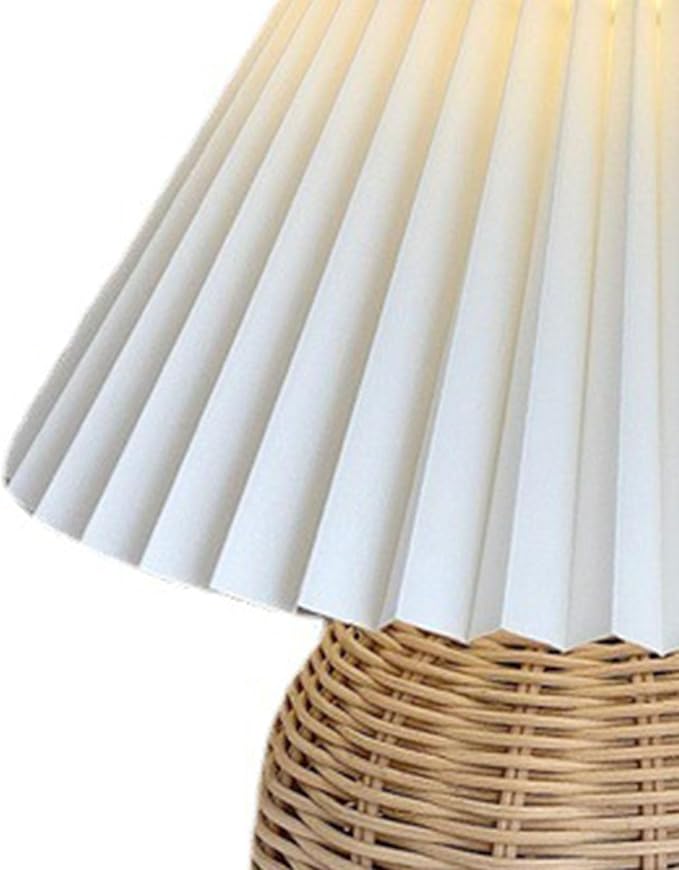 Table Lamps for Living Room, Retro Lamp Small Pleated Table Lamp Rattan Metal Base Modern Bedside Nightstand Lamp with Beige Lampshade