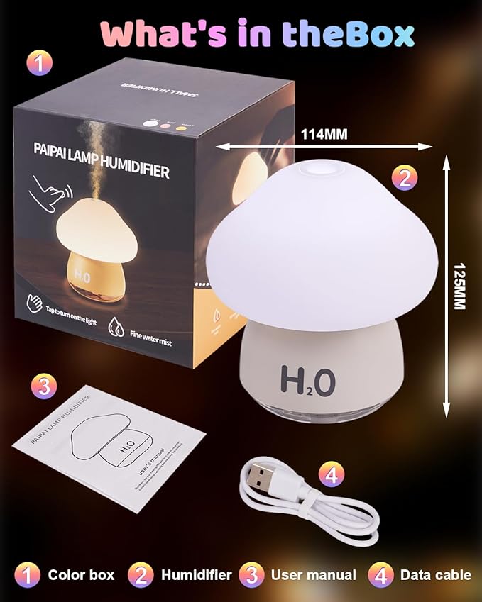 Mushroom Humidifier Lamp with 8 RGB Colors Lights,Cute Rechargeable Portable Humidifiers for Bedroom,Small Mushroom Diffuser with Two Spray Modes,Touch Night Light,Valentine's Day Gifts