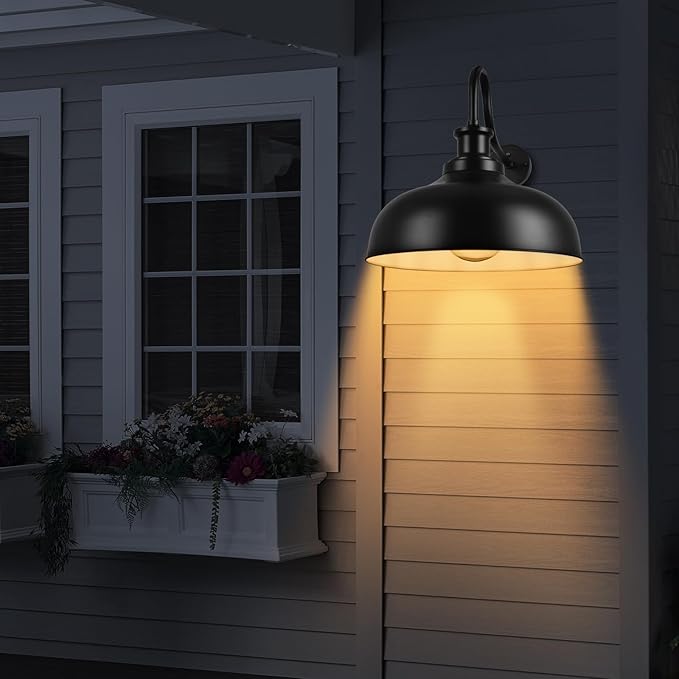 Dusk to Dawn Outdoor Gooseneck Barn Light,16 Inch Dome Outdoor Wall Sconce Farmhouse Exterior Wall Mount Light Wall Lighting Fixture Industrial Black Wall Lantern for Porch Garage, 3 Pack