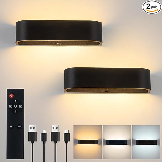 2Pcs Motion Sensor Wall Light with Remote Control, LED Indoor Up and Down Wall Sconce, 6000mAh Rechargeable Battery Powered Wall Lamps, 3 Colors Wireless Wall Lamp, Brightness Adjustable