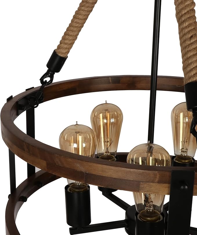 Rustic Wood Chandelier for Dining Room 5-Light, Kitchen Island Industrial Pendant Light Vintage Hanging Dining Room Farmhouse Light Fixtures