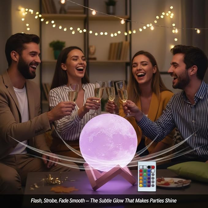 Mydethun 3D Moon Lamp, 9.6' Large Night Light with Wooden Base, Touch-Dimmable & Rechargeable, Gift for Mom, Bedroom, Home Décor, 16 Colors