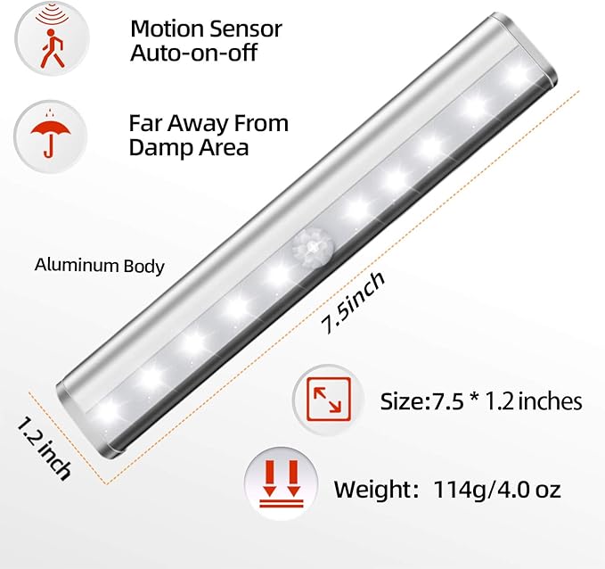 6 Pack LED Motion Sensor Lights, 10 LED Closet Battery Operated Lights, Stick-On Anywhere Magnetic Night Light Bar, Led Safe Light Indoor for Closet Stairs Wardrobe Under Cabinet