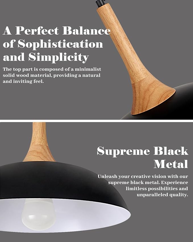 Black Pendant Lights Kitchen Island,2 Pack Modern Pendant Light with Wood Cap, 13.8 inch Dome Pendant Light for Kitchen, Dining Room, Living Room