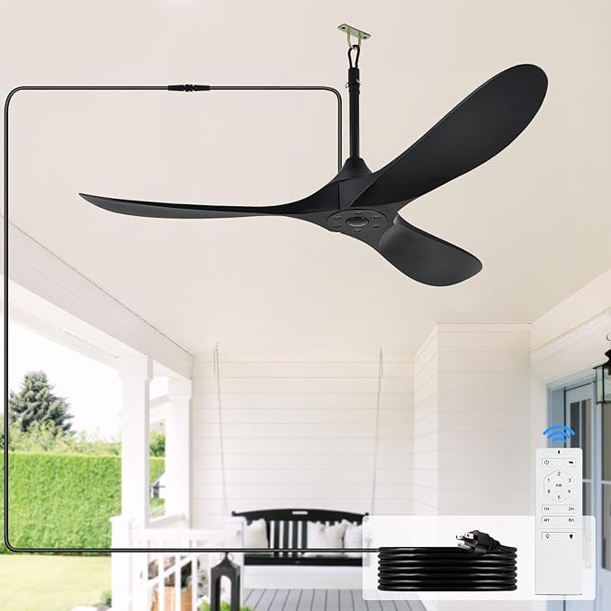 Outdoor Ceiling Fan no Light Waterproof - Plug in Hanging Hook for Patio, Porch, Gazebo - 42 inch Wet Rated Weatherproof Exterior Black 3 Blades Ceiling Fan with Remote