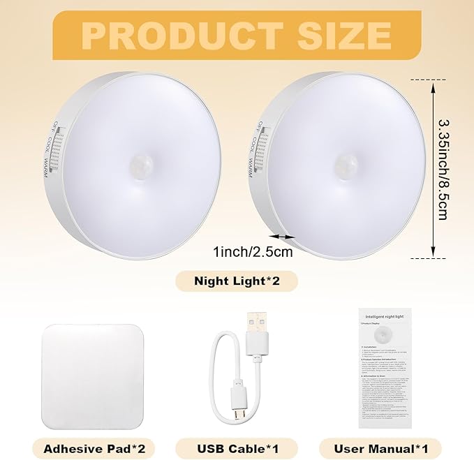 2 Pcs Magnetic Cruise Ship Motion Sensor Light with USB Cable LED Rechargeable Night Light Battery Nightlight Safe Cordless Nightlight for Cruise Ship Cabin Hallway Bathroom (White & Warm)