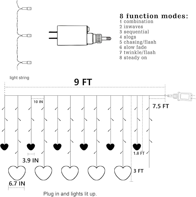 Dazzle Bright Valentines Day Lights, 138LED 9FT 12Heart Curtain String Lights with 8 Modes, Plug in Galentines Decorations for Indoor Window Outdoor Wedding Party Decor (Red)