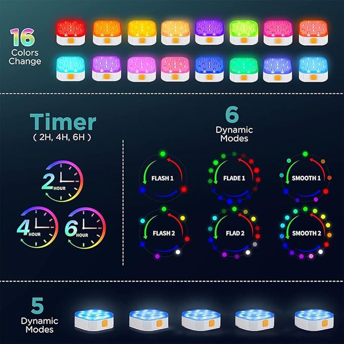 16 Color Pool Lights, Rechargeable, Dive, Bathtub Decorate LED Underwater Lights, 6 Dynamic Modes 3 Timer Options Ip68 Waterproof Pool with Remote (4 Pack)