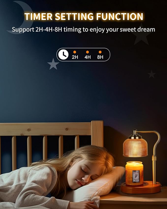 Candle Warmer Lamp Electric Candle Warmer with Timer Dimmable Candle Lamp Warmer with 3 Bulbs Height Adjustable Wax Melt Warmer for Bedroom Home Decor, Amber Gold