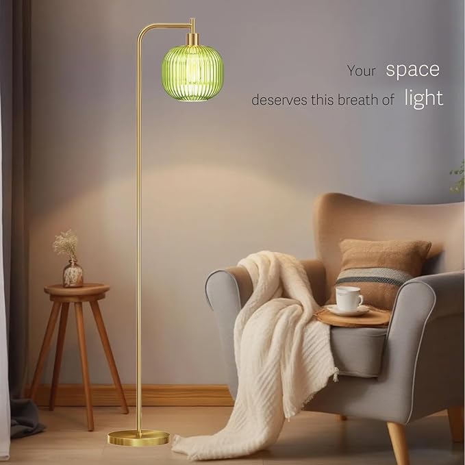 Glass Floor Lamp,67" Modern Standing Lamp with Sunset Grapefruit Glass Lampshade Metal Pole for Living Room, Bedroom, Office - Heavy Base,Pedal Switch (Include Bulb) (Green)
