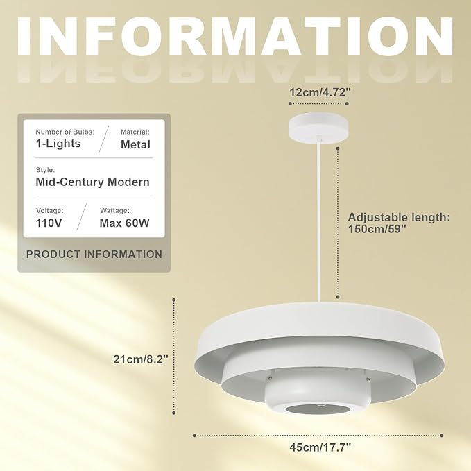 Large White Pendant Light, 17.7" Adjustable Mid Century Modern Chandelier with 3-Layer Shade for Kitchen Island, Dining Room, Retro Industrial Ceiling Fixture