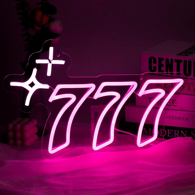 777 Neon Sign Angel Number Neon LED Sign Luck Seven Neon Lights Pink White Star Neon Signs for Wall Lucky Number LED Neon Light Up Sign Neon Light Sign for Bedroom Bar Birthday Party Decor