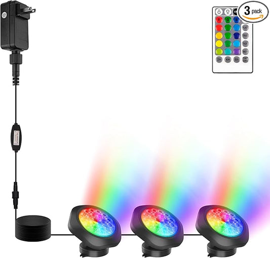 RGBW Pond Lights with Timer, 18 LED Super Bright Underwater Submersible Fountain Lights Color Changing Spotlights, Remote Control IP68 Waterproof for Fish Aquarium Tank Garden Pool (Set of 3)