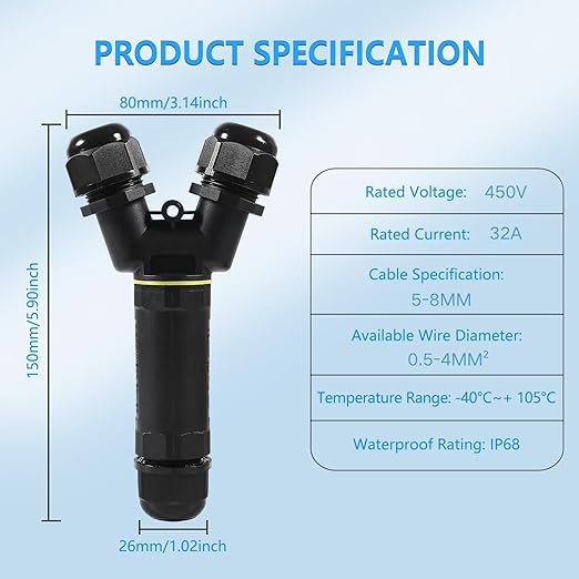 2PCS IP68 Waterproof Electrical Cable Connector, Outdoor 2 Way Y Shape Junction Box, 32A/450V Waterproof Wire Connectors for AWG 28-12, Quick Screwless Installation