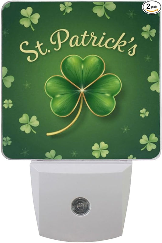 Vdsrup Sparkle Clover Shamrock Night Light Set of 2 Happy St Patrick's Day Plug-in LED Nightlights Auto Dusk-to-Dawn Sensor Lamp for Bedroom Bathroom Kitchen Hallway Stairs