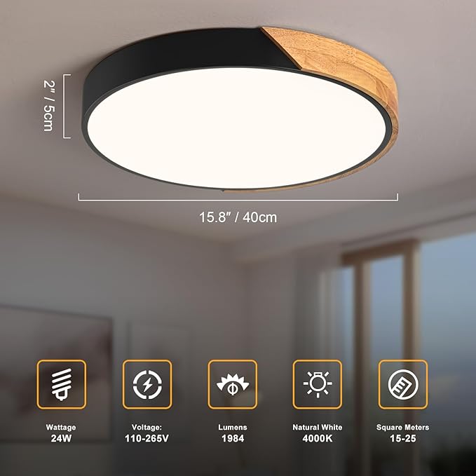 Vikaey Modern LED Ceiling Light, Minimalist Wood Flush Mount Ceiling Light Fixture, 4000K Not Dimmable, Circle Lighting Lamp with Acrylic Lampshade for Bedroom Dining Room Laundry (Black,15.8")