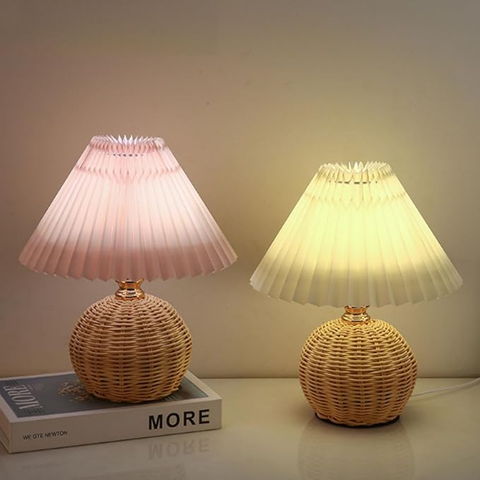 Hyuduo Pleated Table Lamp, Soft Yellow Light with Linen Lampshade and Rattan Base Bedside Lamp for Bedroom Nightstand, 10 Inch Shade 15 Inch Height Warm Glow Accent Light, Ideal for (Beige)