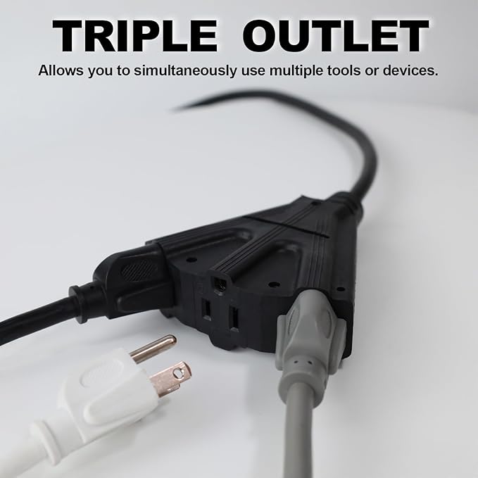 EP 25 Ft Outdoor Extension Cord with 3 Electrical Power Outlets - 16/3 SJTW Black Cable with 3 Prong Grounded Plug for Safety Great for Christmas Lights, Garden and Major Appliances