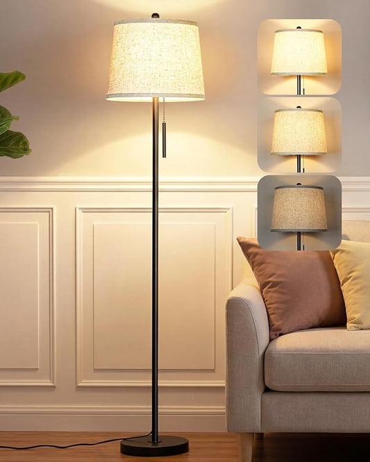 【Upgraded】 Modern Black Floor Lamp 63in Standing Lamp for Living Room Bedroom Office 3 Way Brightness Dimmable Tall Pole Light with Beige Linen Shade Metal Shade 8W 3000K LED Bulb Included