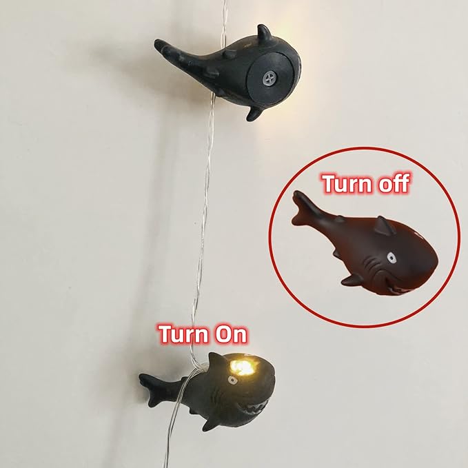 5.4 FT Black Shark String Lights, 10 LED Warm White Black Theme Halloween Night Light, Battery Operated for Home Party Decoration