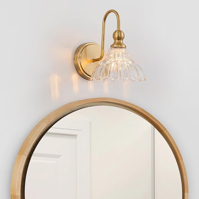 Vintage Bathroom Light Fixtures Over Mirror, 1-Light Brass Wall Sconce Lighting with Flower Glass Shade, Farmhouse Vanity Lights for Bedroom Kitchen Living Room Hallway Light