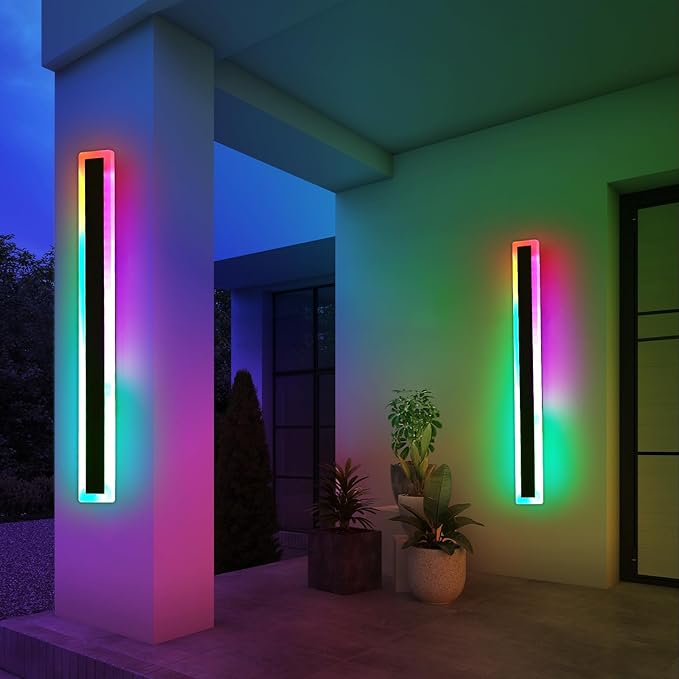 Mikeru 2pack 57inch Outdoor Wall Light Fixtures, RGB Long Exterior Wall Light 10%-100% Dimmable Smart Outdoor Light Fixtures Wall Mount Featuring Multiple Modes and 12 Colors for Patio Entryway