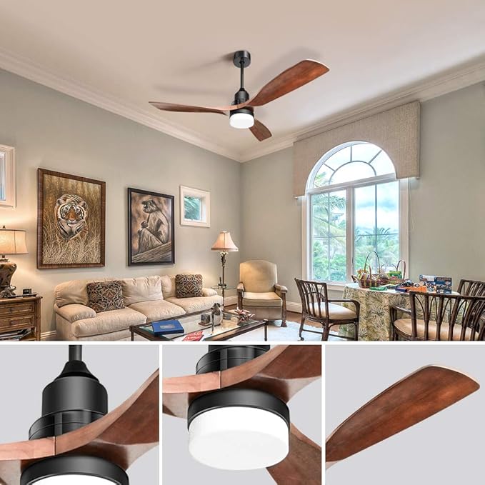 Outdoor Flush Mount Ceiling Fans with Lights Remote,52''Low Profile Ceiling Fans with 3 Solid-Wood Blade,Noiseless Dc Motor and 3 Color Dimming Light for Indoor Outdoor Living Room Farmhouse
