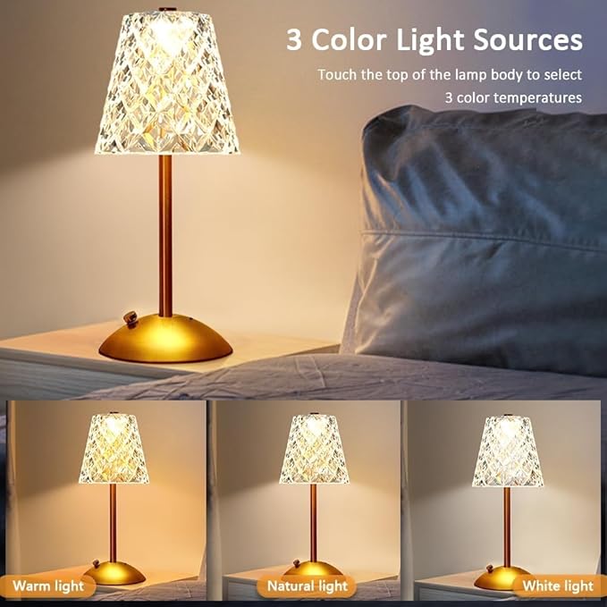 Portable Crystal Metal Desk Lamp,3-Color Touch Control, Rechargeable Battery - Ideal Bedside Lamp for Bedroom Nightstand (Golden Crystal Lamp)
