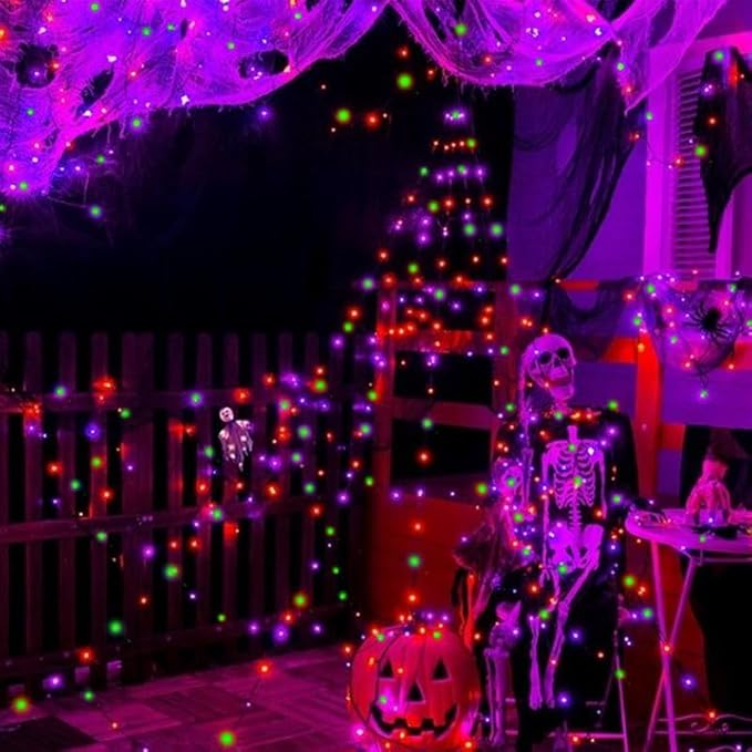 LAMPHOME 50 LED Outdoor Halloween Lights, 16 FT Mini String Light with 9 Modes & 6 Hour Timer, Waterproof Battery Operated for Indoor Outdoor Patio Garden Party Tree Decoration, Orange Purple Green