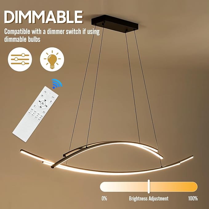 48" Modern LED Chandelier 4-Light Island Light Black Linear Chandelier for Kitchen Island Dining Room 45W Dimmable Modern LED Chandelier with Remote Control